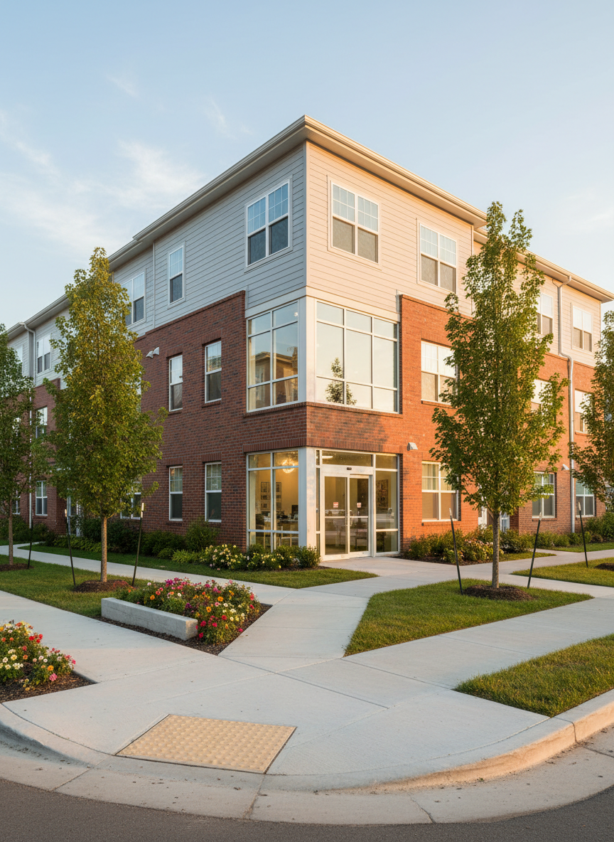 A newly constructed three-story affordable housing building with clean brick and light-gray fiber cement siding, wide energy-efficient windows, and a welcoming glass-front lobby. The structure sits on a neatly landscaped corner lot with young trees, raised flower beds, and accessible concrete walkways leading to the main entrance. Soft late-afternoon natural light creates gentle highlights on the façade and long shadows across the sidewalk, emphasizing the building’s crisp lines. Captured at eye level in photographic realism, the composition uses the rule of thirds, with the building slightly off-center and the sky providing a calm, pale-blue backdrop. The mood is professional, stable, and hopeful, suggesting high-quality, attainable housing within a revitalizing neighborhood.