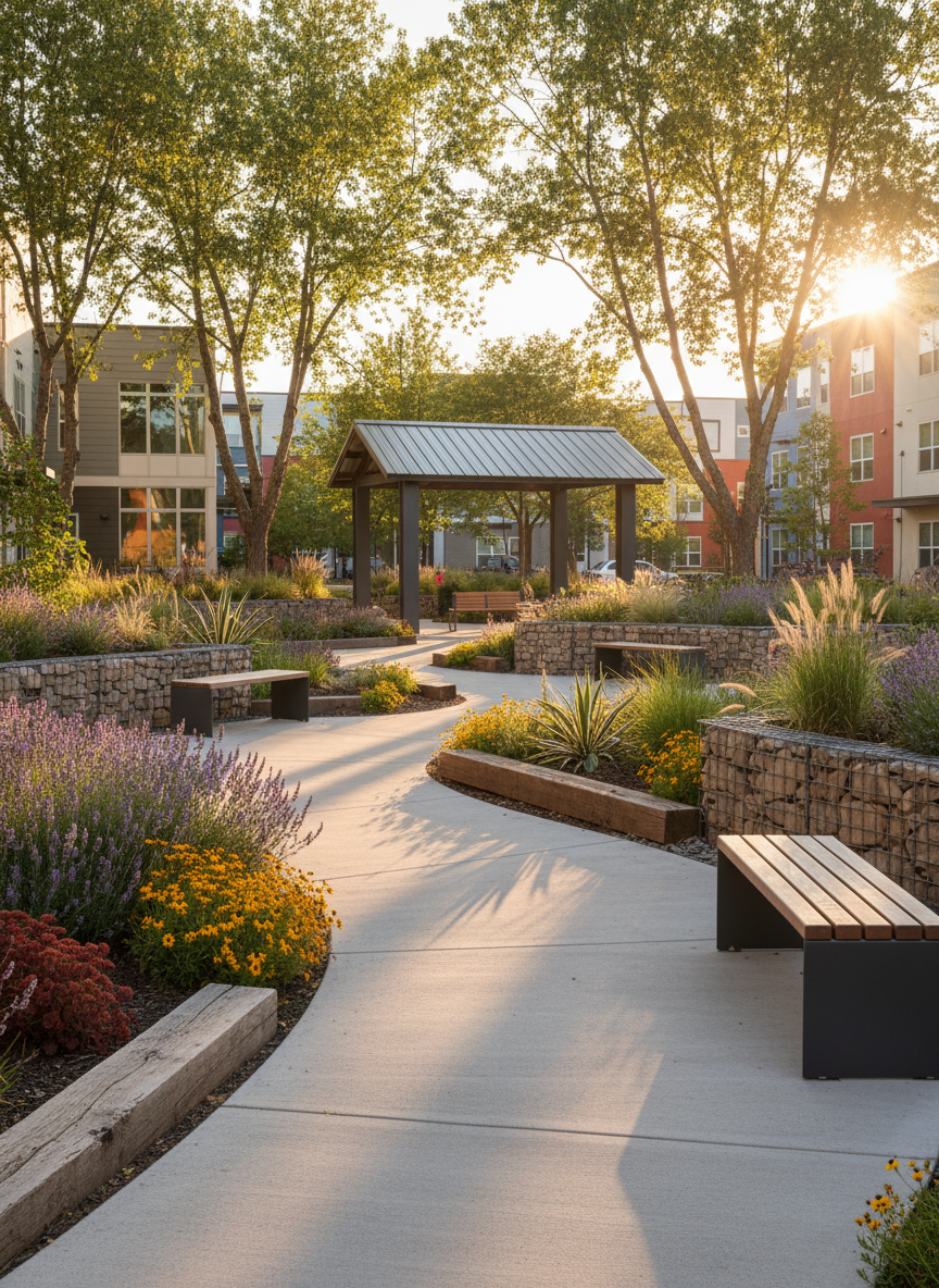 A landscaped courtyard within an affordable housing complex, featuring a central paved path that gently curves between raised garden beds filled with drought-tolerant plants, ornamental grasses, and flowering perennials. Simple, durable benches made of powder-coated metal and wood are placed at intervals along the path. A small, covered pavilion with a metal roof and sturdy columns offers shade at one end of the courtyard. Warm golden hour sunlight filters through nearby trees, casting dappled shadows on the pavement and highlighting the greenery. Shot from a low, slightly angled perspective in photographic realism, the composition leads the viewer’s eye through the space, creating depth. The mood is calm, community-oriented, and hopeful, emphasizing outdoor gathering spaces that enhance quality of life in revitalized neighborhoods.
