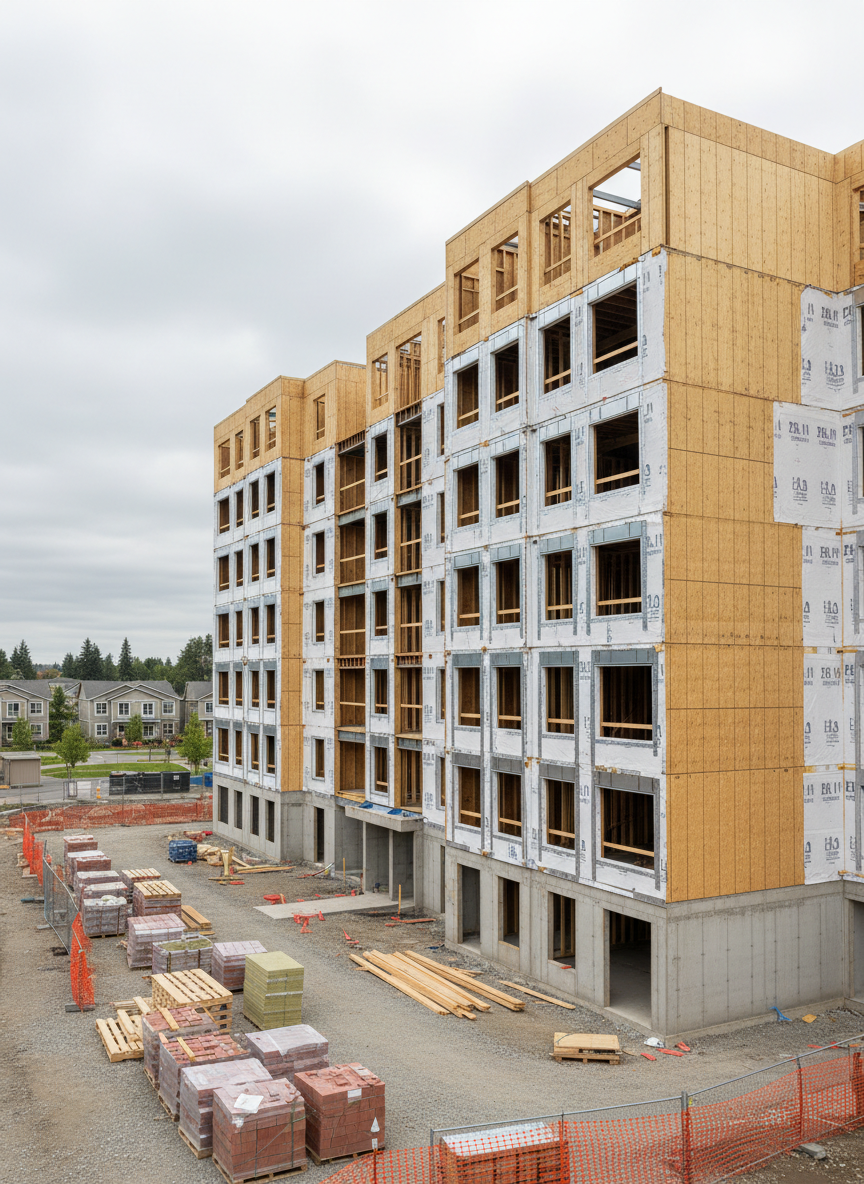 An under-construction affordable housing project, showing a mid-rise building framed in light-colored structural materials with partially installed exterior sheathing and window openings prepared for glazing. Neatly stacked pallets of bricks and insulation sit on a clean, organized construction site with safety barriers and clearly defined pathways. The sky is slightly overcast, providing diffused, even light that reduces harsh contrast and highlights the authenticity of textures in wood, metal, and concrete. Photographed at a slightly elevated angle in photographic realism, the composition captures the building rising from the foreground toward the horizon. The mood is purposeful and optimistic, emphasizing progress and investment in community development without any workers or equipment operators visible.
