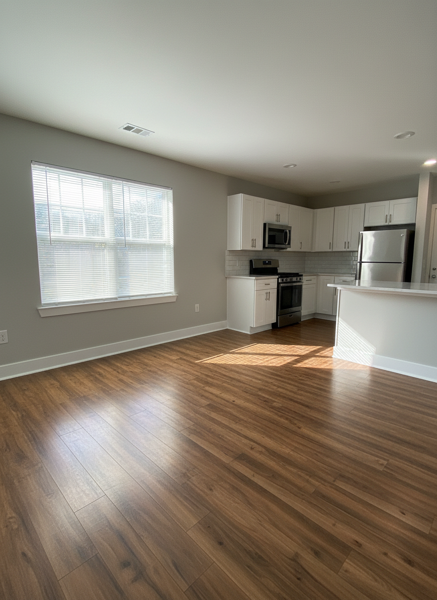 A detailed interior view of a newly renovated affordable rental apartment living room, showcasing durable plank flooring in a warm medium-brown tone, freshly painted light-gray walls, and wide white baseboards. A large double-pane window with simple white blinds allows soft natural daylight to stream in, creating gentle highlights on the smooth walls and subtle reflections on the floor. In the background, a compact but modern open kitchen is visible with shaker-style white cabinets, energy-efficient stainless steel appliances, and a simple quartz-look countertop. Photographed at eye level with a wide-angle lens in photographic realism, the composition captures the full room while maintaining straight vertical lines. The atmosphere feels clean, bright, and move-in ready, underscoring quality and practicality in affordable housing.