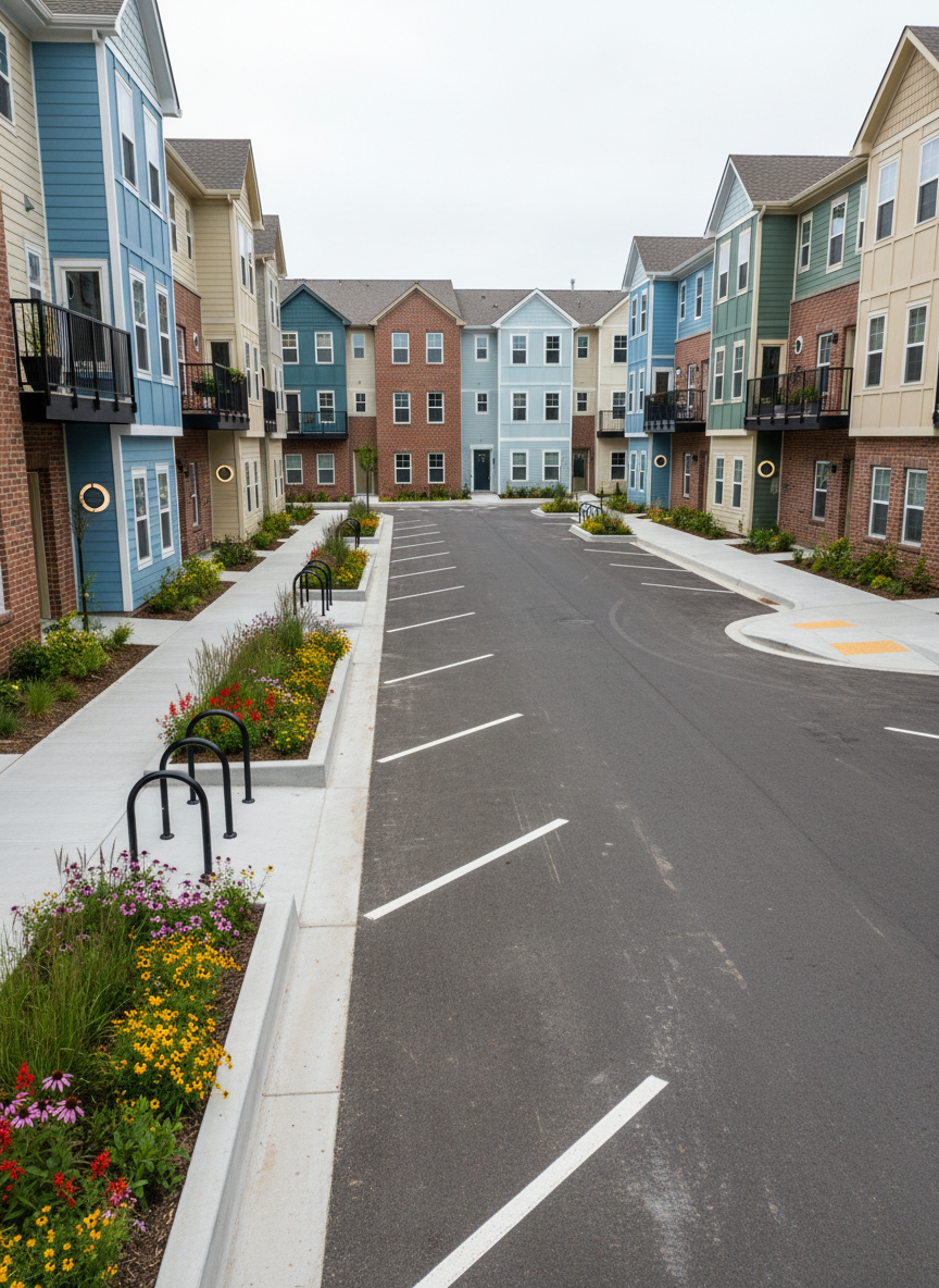 A thoughtfully renovated streetscape featuring a row of small, well-maintained multifamily residential buildings with fresh paint, modern exterior lighting, and updated balconies. Ground-level landscaped planters contain native shrubs and seasonal flowers bordered by clean concrete curbs. New bike racks, freshly striped parking, and an accessible ramp indicate inclusive design. Soft overcast daylight evenly illuminates the scene, reducing harsh shadows and emphasizing realistic textures in brick, siding, and pavement. Photographed from a slightly elevated angle in photographic realism, the composition looks down the street to create depth and perspective. The atmosphere feels organized and optimistic, conveying a sense of community revitalization and investment in long-term neighborhood stability without showing any people.