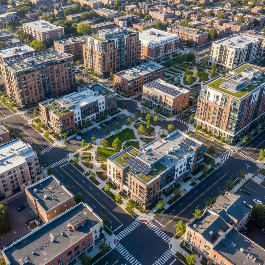 An aerial, bird’s eye view of a completed community revitalization project spanning several city blocks, with clusters of mid-rise residential buildings, small renovated commercial structures, and pockets of green space. Newly paved streets, clearly marked crosswalks, and organized parking areas indicate recent infrastructure upgrades. Pocket parks with trees and meandering pathways introduce greenery amid the urban fabric. The scene is lit by crisp morning sunlight from a high angle, casting short, tidy shadows and emphasizing the geometric layout of the neighborhood. Photographic realism and sharp focus throughout reveal roof textures, landscaping patterns, and the orderly grid of streets. The mood is forward-looking and professional, highlighting large-scale planning and investment in affordable housing and neighborhood renewal.
