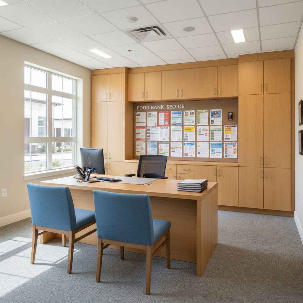 A leasing and community resource office for an affordable housing development, featuring a simple, professional interior with a sturdy wood desk, two guest chairs, and built-in storage cabinets along the wall. An organized bulletin area displays neatly arranged printed materials about local services, transportation routes, and community programs, all visually tidy and legible from a distance without showing specific text. Large windows on one side fill the room with soft daylight, while overhead recessed lighting adds even illumination, creating a bright, functional environment. Photographed at eye level in photographic realism, the composition balances the desk in the foreground with the bulletin wall in the background. The atmosphere is orderly, approachable, and supportive, reflecting a commitment to resident services and long-term stability in affordable rentals.