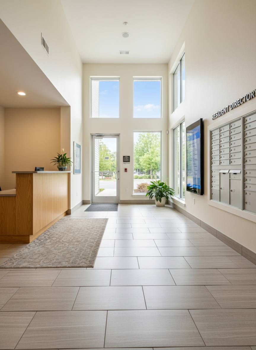 A bright, welcoming lobby of an affordable apartment community featuring a secure glass entry door, a simple wood reception counter, and neutral-toned tile flooring with subtle texture. Mailboxes line one wall in an orderly grid, and a digital directory screen glows softly beside them. Large windows allow diffused natural daylight to flood the space, casting soft reflections on the floor and highlighting the clean architectural details. The camera is positioned at eye level in a centered composition, with sharp focus extending from foreground to background. The mood is professional, safe, and inviting, suggesting well-managed residential rentals. The photographic realism style emphasizes clarity, cleanliness, and a modern yet approachable aesthetic, suitable for a community development company.